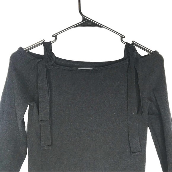 Tie Cold off Shoulder Long Sleeve Top Tee Black - Picture 2 of 5